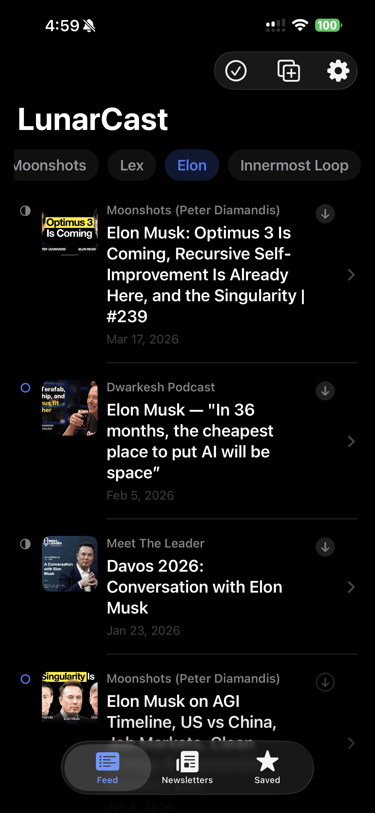 LunarCast feed focused on Elon Musk interviews and related shows