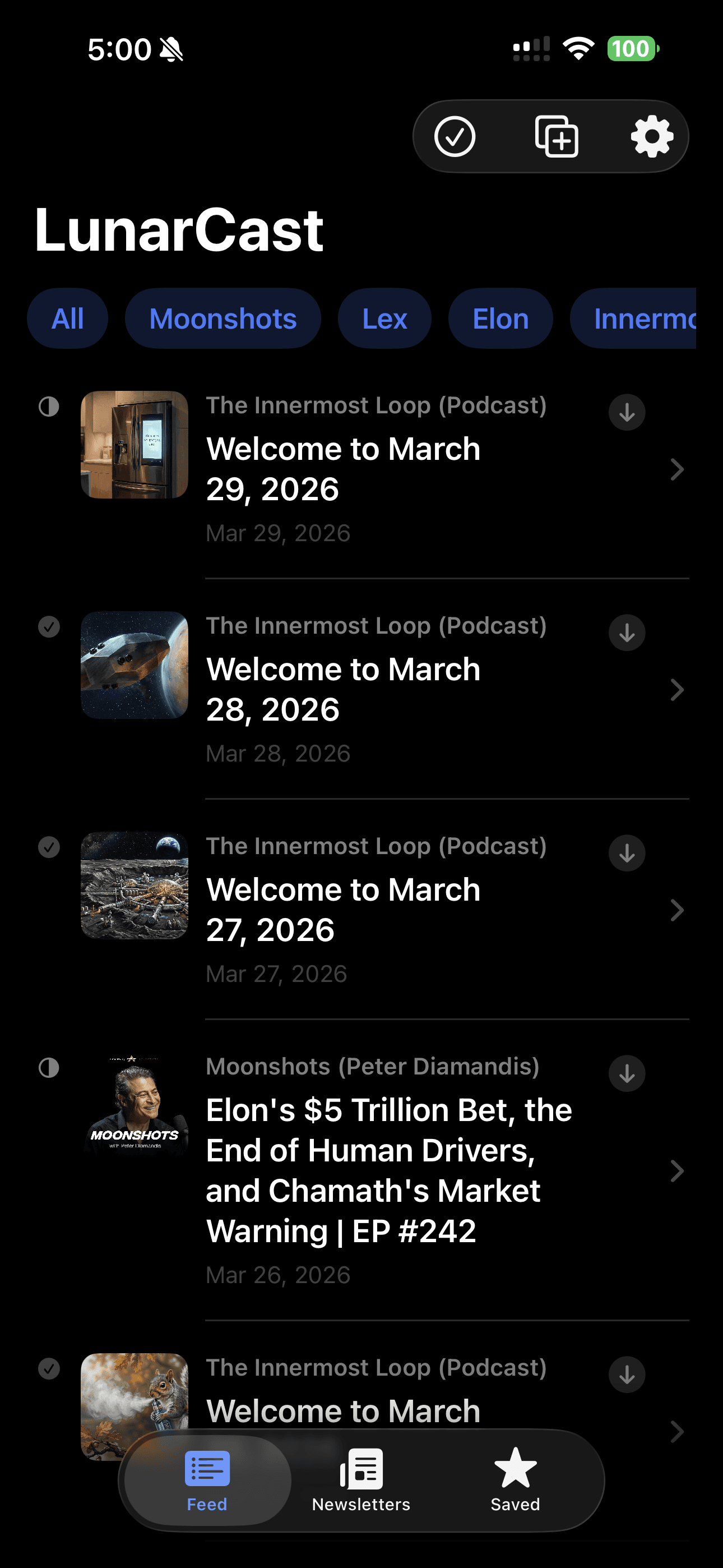 LunarCast home feed with show artwork and episode list