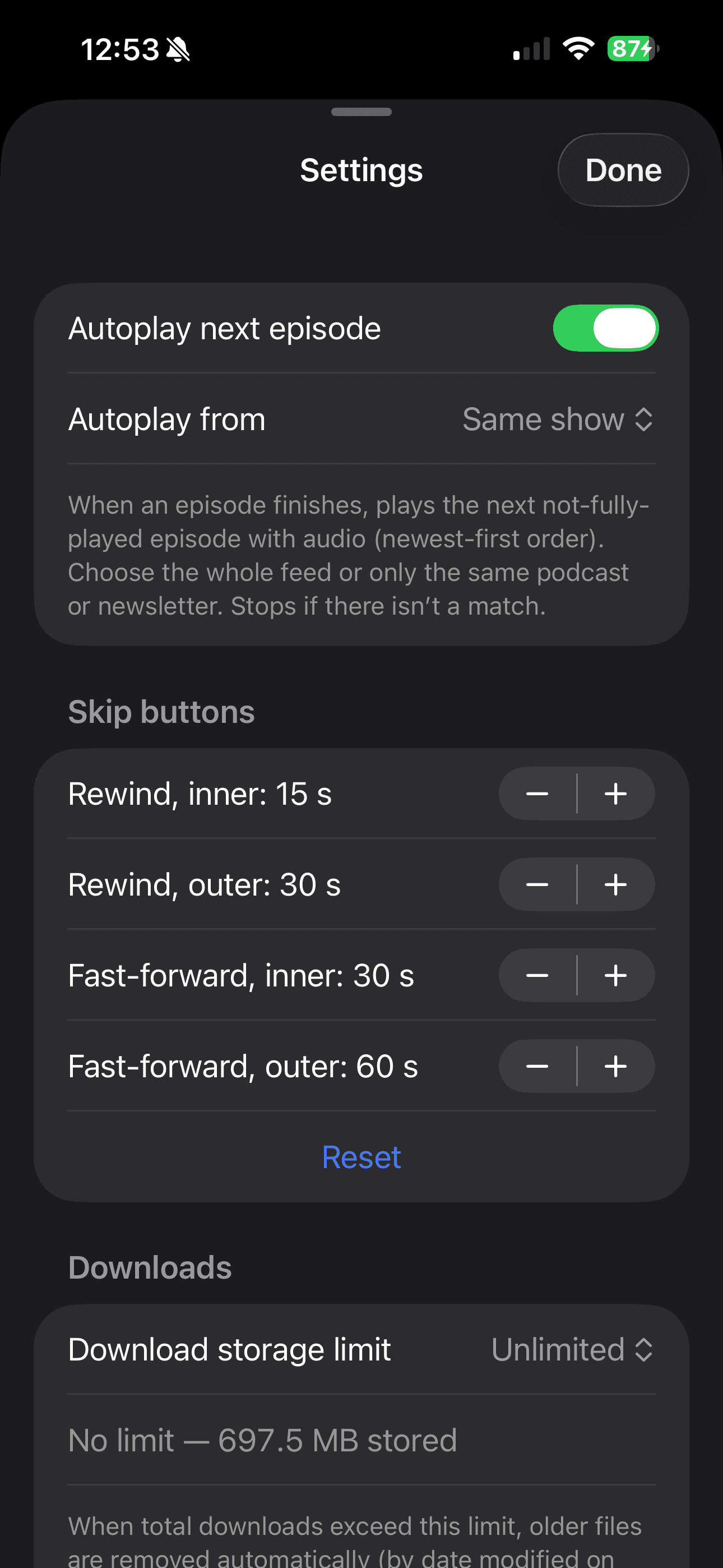 LunarCast general settings on iPhone